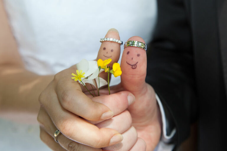 Bride and groom rings holding hands