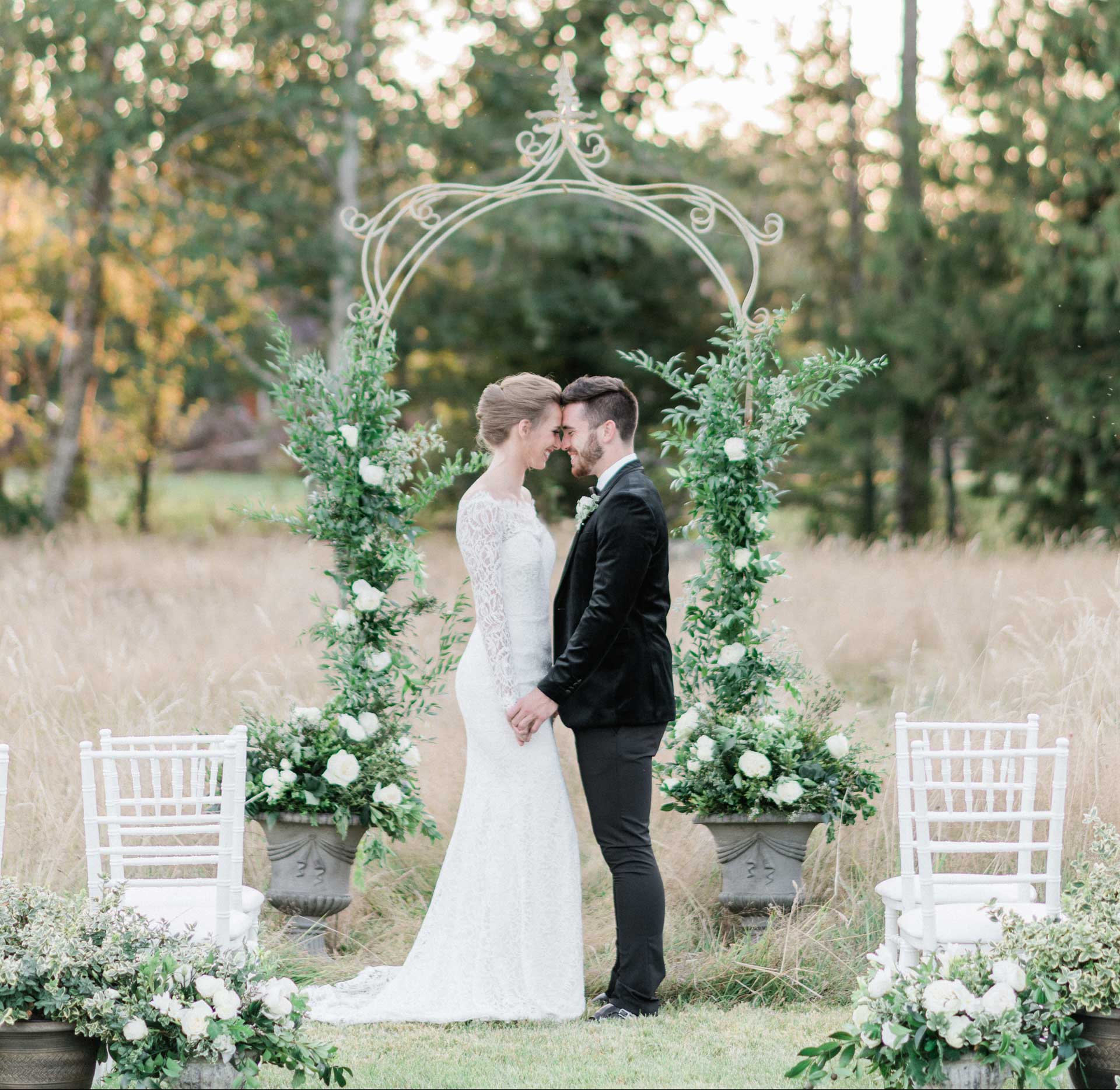 French Countryside Wedding Inspiration Vintage Arbor with bride and groom