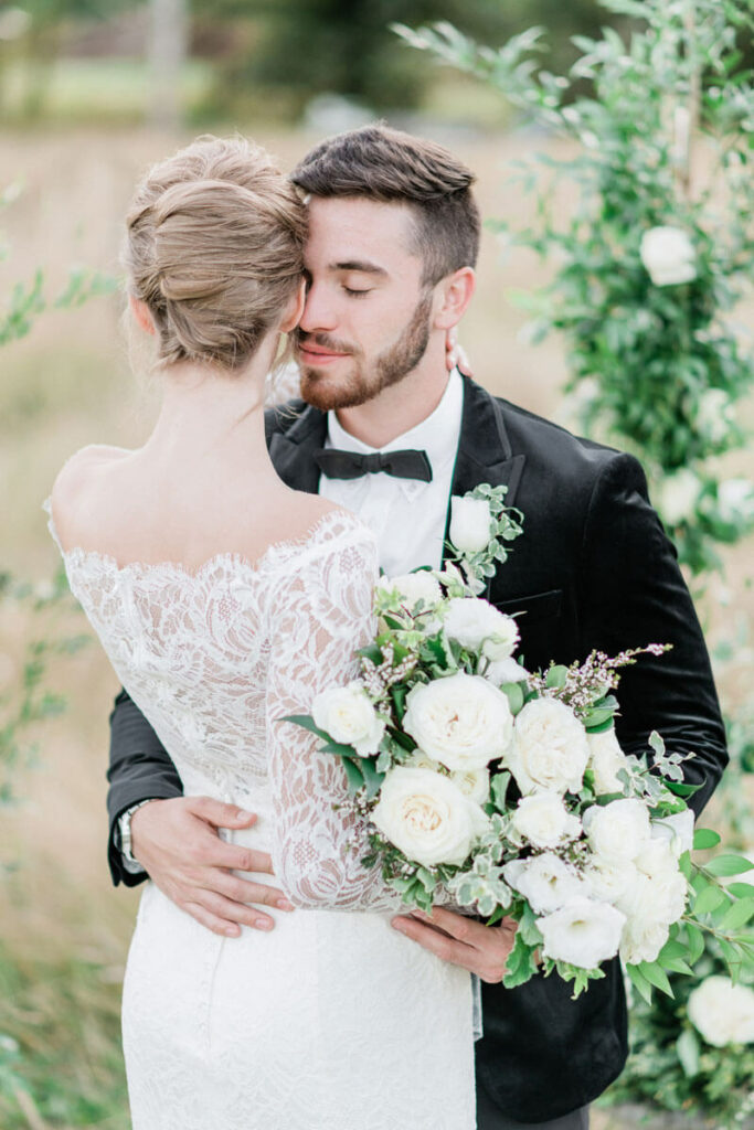 French Countryside Wedding Inspiration Bride and groom hug