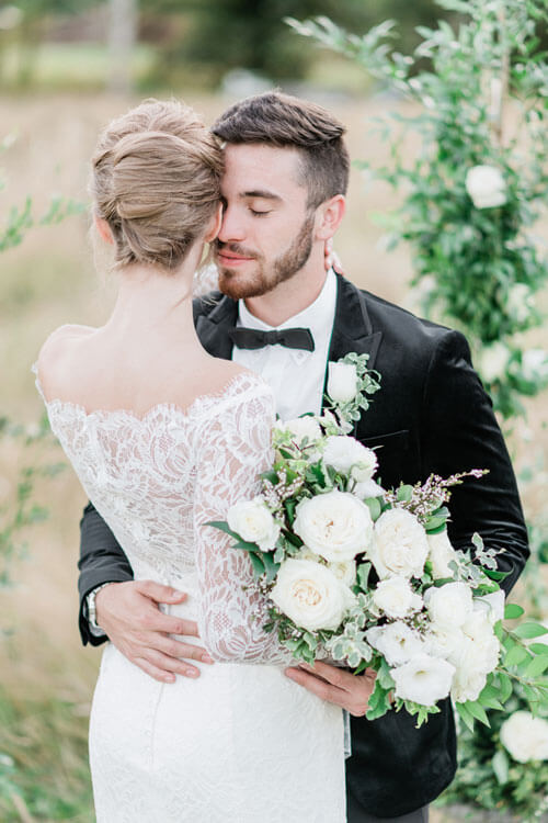 French Countryside Wedding Inspiration Bride and groom hug