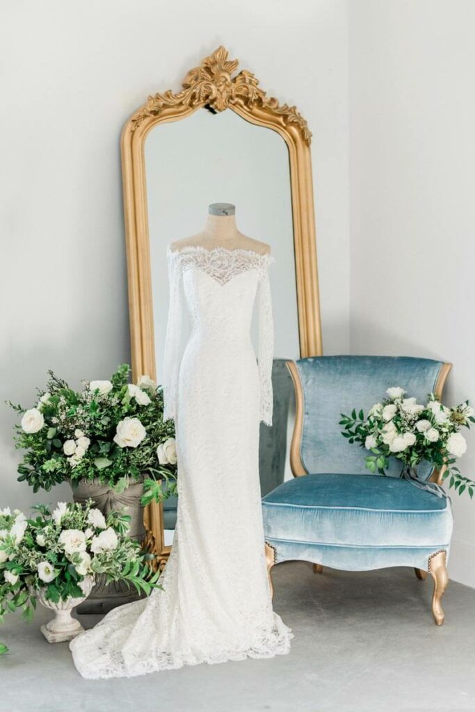 French Countryside wedding inspiration gown with gold mirror