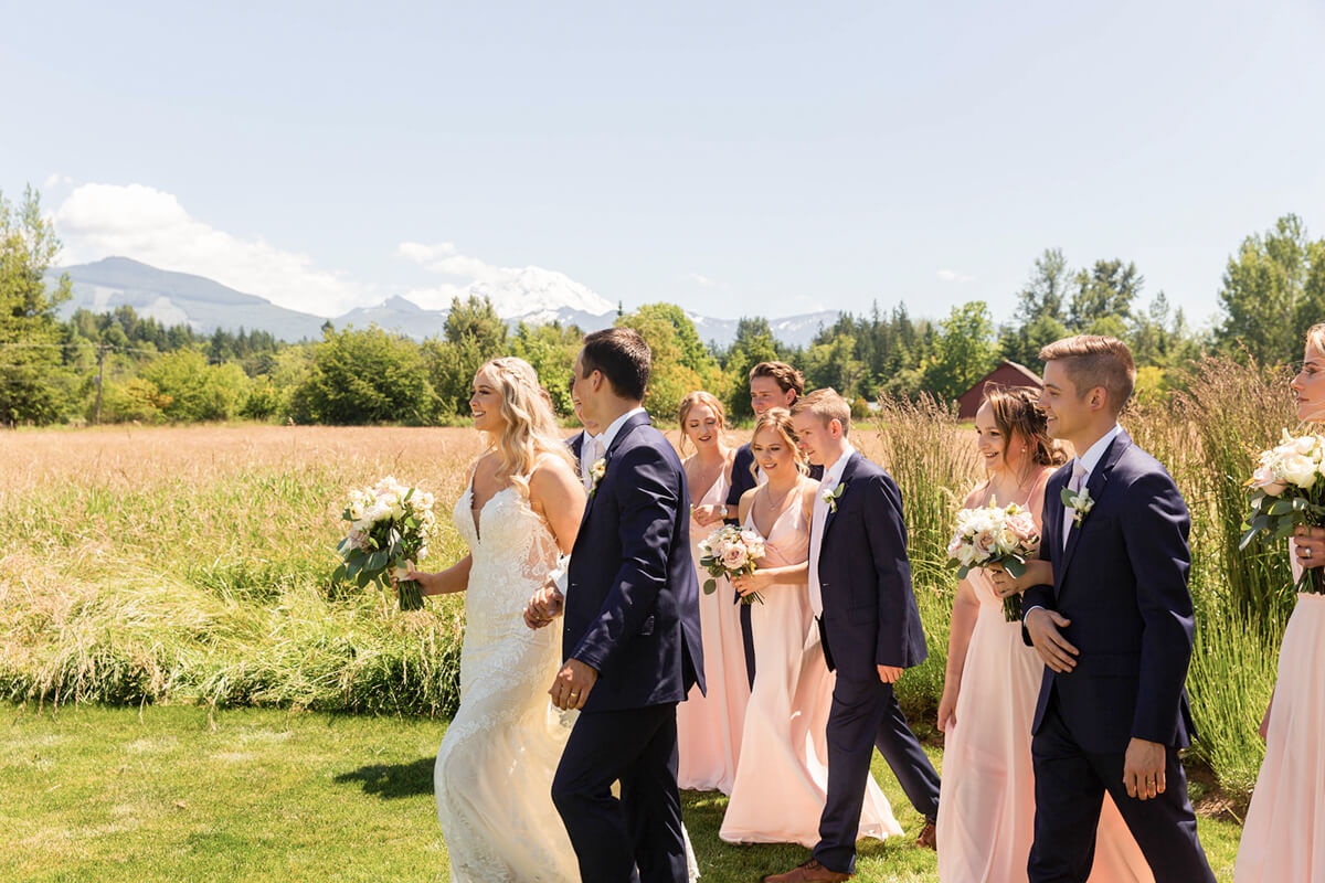 Beautiful blush wedding party and Mount Rainier at Mount Peak Farm