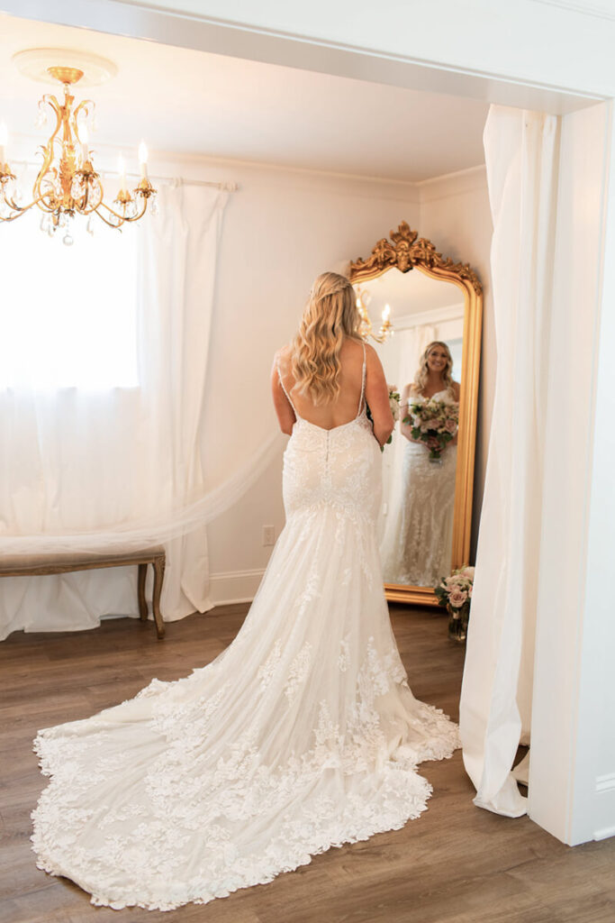 Beautiful Blush Wedding bride in bridal cottage