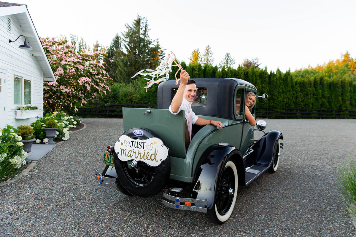 Old fashioned car Just Married at Mount Peak Farm