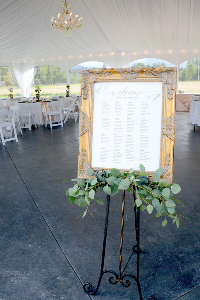 Seating chart in reception tent at Mount Peak Farm