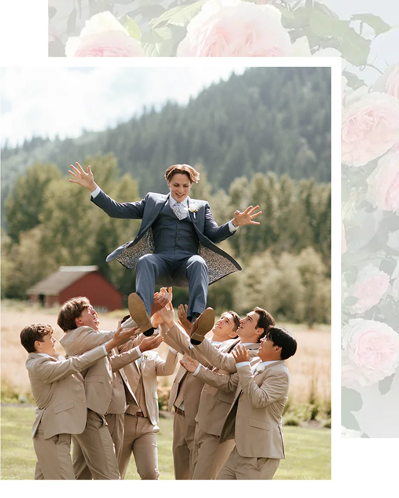 Groomsmen tossing groom up in the air at Mount Peak Farm