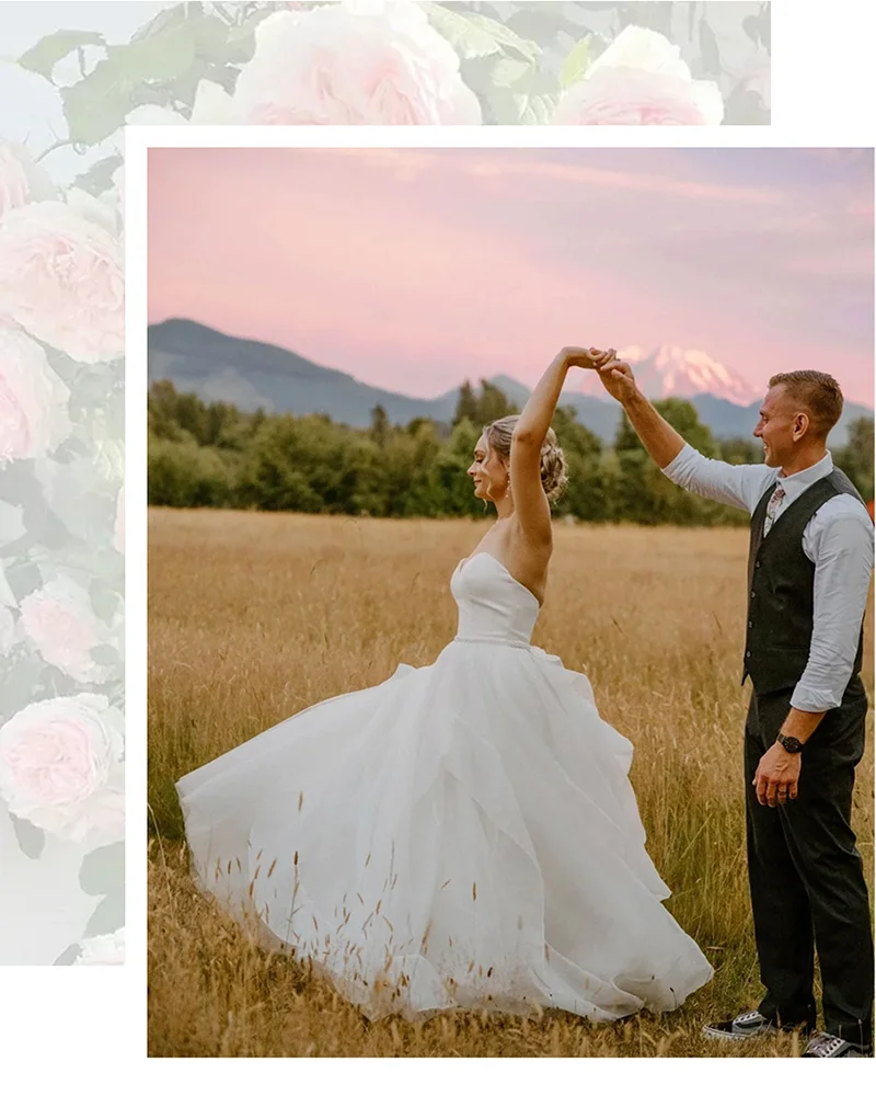 Groom twirling bride in hayfield with Mount Rainier sunset view