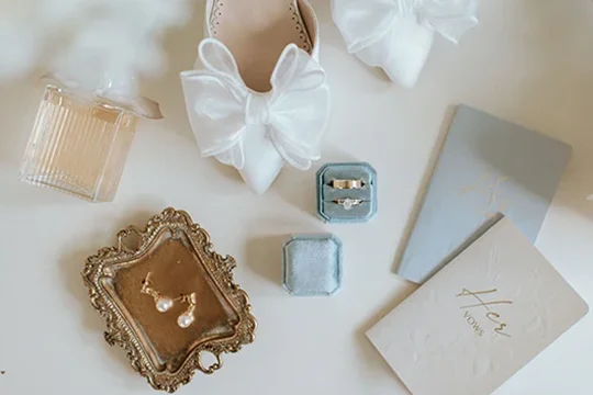 Mount Peak Farm wedding rings, earrings, shoes and perfume.